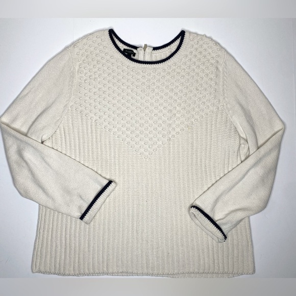 Talbots Sweaters - Talbots Textured Cotton Sweater Cream with Blue Trim Sz XL